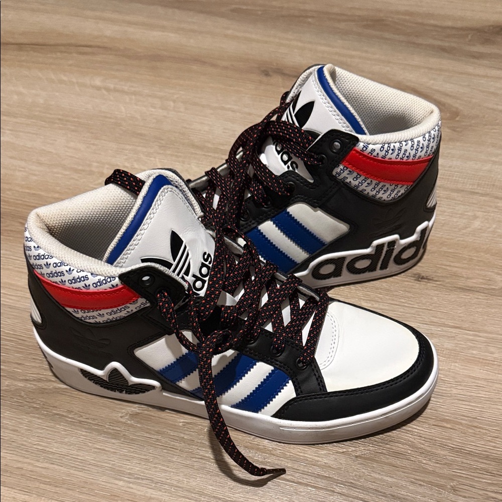 Adidas Black and White High-Tops with Blue and Red Accents